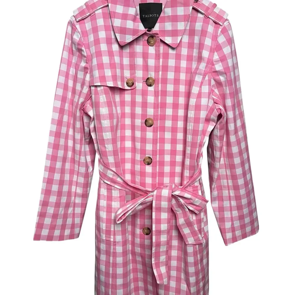 Talbots NWT Gingham Trench Coat Size XL Pink White Belted Cotton Blend Jacket - Picture 4 of 9
